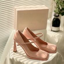 粉色高跟鞋女2022春新款一字帶復古少女瑪麗珍鞋法式細跟方頭單鞋