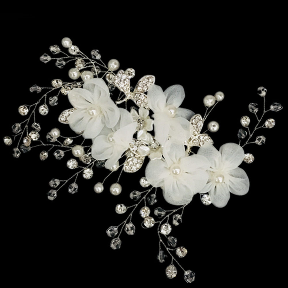 white fabric small flower leaves rhinestone bridal wedding headdress hair accessories
