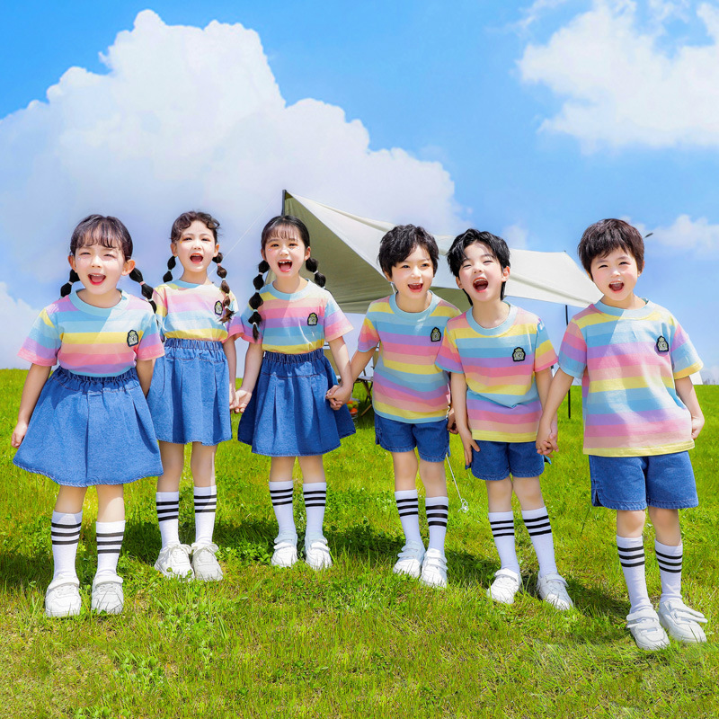 幼兒園園服夏季彩虹條紋棉質短袖運動班服小學生校服畢業照演出服
