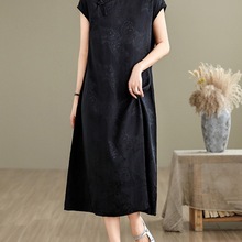 小菲家~夏季复古文艺盘扣提花旗袍新中式民族风棉麻连衣裙女
