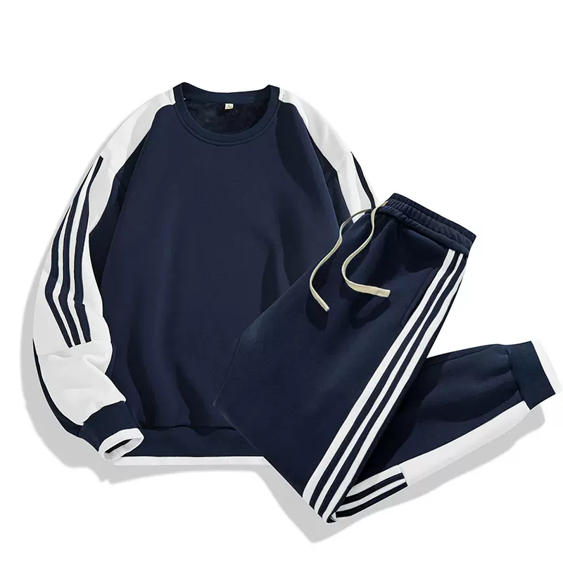情侣款春装套装男女同款条纹装饰两件套运动服公版纯色休闲服圆领