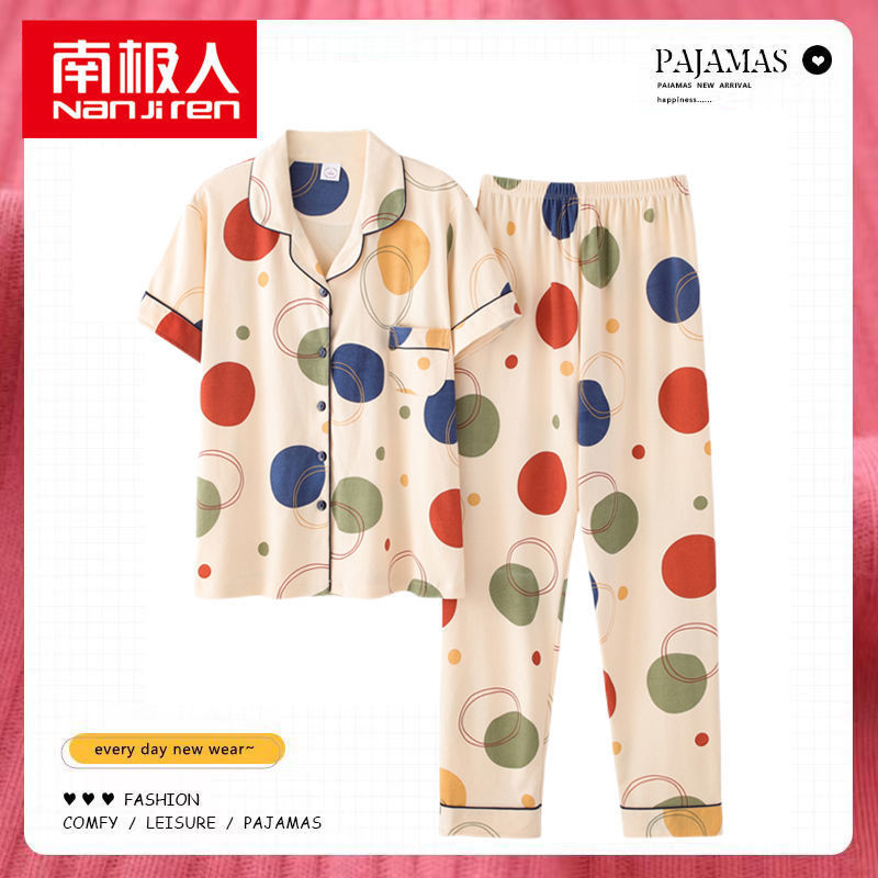 Pijamas de mujer de verano de algodón de manga corta pantalones de solapa de verano de las mujeres delgadas homewear traje