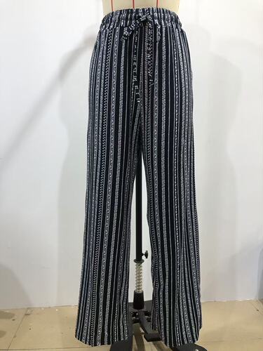 Women's Loose Straight Leg Pants with Vertical Stripes, Casual, Slim Fit, Drawstring, Spring and Autumn Season, Versatile, High-Waisted