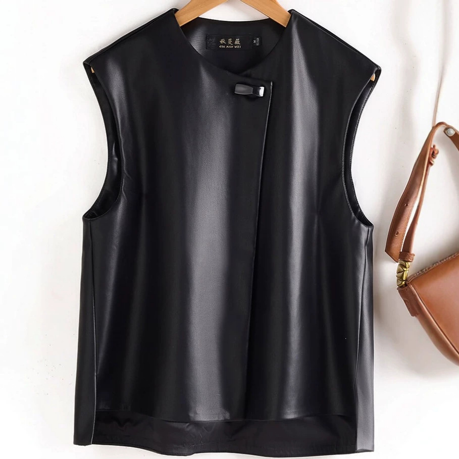 2026 New Women's Vest Round Neck Sleeveless Tank Jacket Short Slimming Leather Jacket