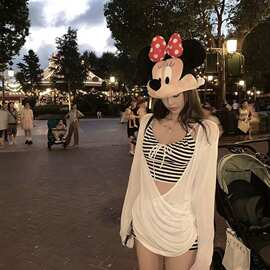 2026新款辣妹长袖t恤女防晒罩衫修身条纹分体游泳衣比基尼泡温泉