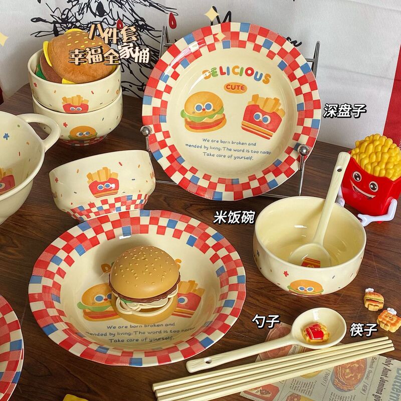 Ceramic Plate Set for Home Use, High-Temperature Resistant Tableware, Cute and Stylish Dinner Plates and Bowls for Dormitory