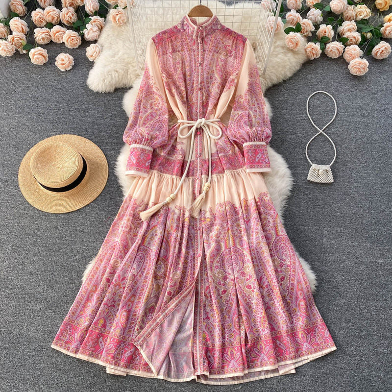 2022 Early Spring New Design Sense Niche Vertical Collar Lantern Sleeve Printed Dress Loose Slimming Elegant Long Dress