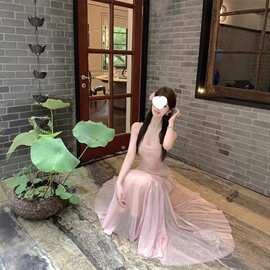蕾丝拼接吊带连衣裙女夏季鱼尾裙纯欲收腰网纱裙子显身材包臀长裙