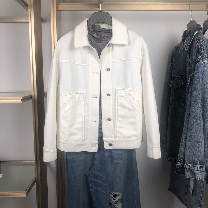 职业阿玛施特品牌2021春秋新款韩版休闲宽松显瘦白色牛仔外套女衣