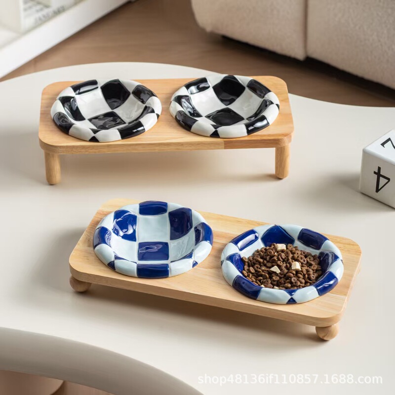 Cross-Border Elevated Cat Bowl with Tilted Stainless Steel Cat Food Bowl, Bamboo Stand, Anti-Vomiting Feeding Solution Suitable for Indoor Cats and Pets