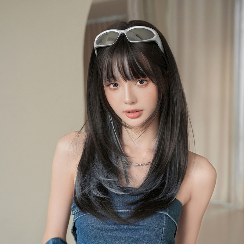 Cross-Border New Product 2026 Wig for Women, Long Straight Hair, Light Blue Highlights, Synthetic Fiber, Realistic Full Head Wig, High-Quality Hairpiece Cross-Border New Product 2026 Wig for Women, Long Straight Hair, Light Blue Highlights, Synthetic Fiber, Realistic Full Head Wig, High-Quality Hairpiece