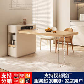 热销吧台岩板餐桌可伸缩小户型家用长方形原木风餐桌岛台一体