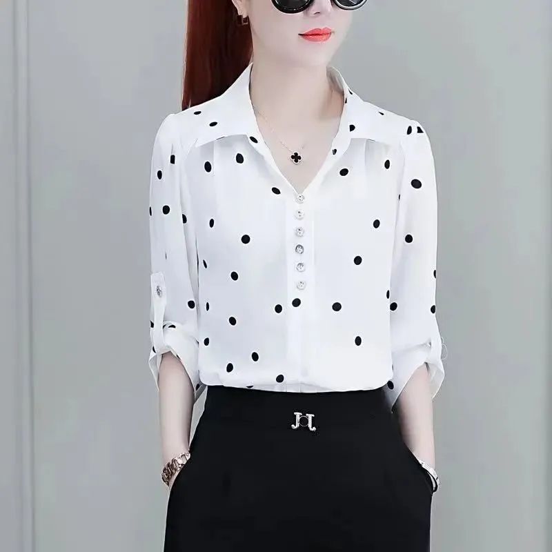 Wave dot chiffon shirt ladies 2024 new spring and summer western style thin shirt sleeve top women's small shirt Wave dot chiffon shirt ladies 2024 new spring and summer western style thin shirt sleeve top women's small shirt