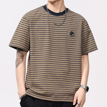 安洋简约百搭细条纹短袖T恤男2025夏季新款t做旧领口撞色休闲上衣