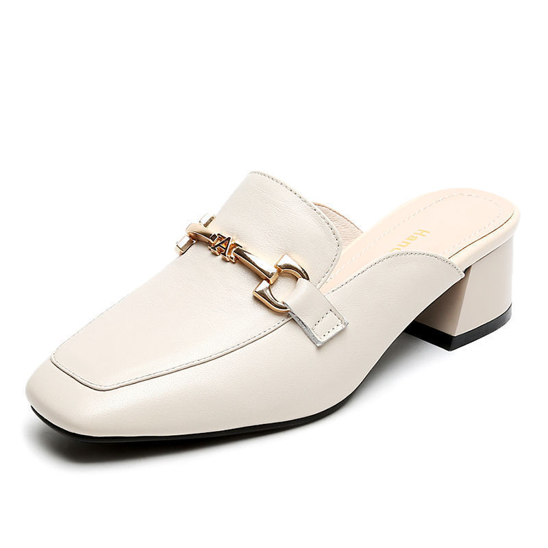 Punta cerrada zapatillas medias desgaste exterior de las mujeres talón grueso versátil 2022 verano nuevo antideslizante dedo del pie cuadrado tacones altos sandalias de moda