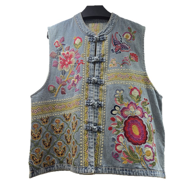 Retro bordado chaleco de vaqueros de flores de primavera y verano de mujeres nuevo chaleco suelto 2026 nuevo chaqueta de hombro de estilo chino de moda