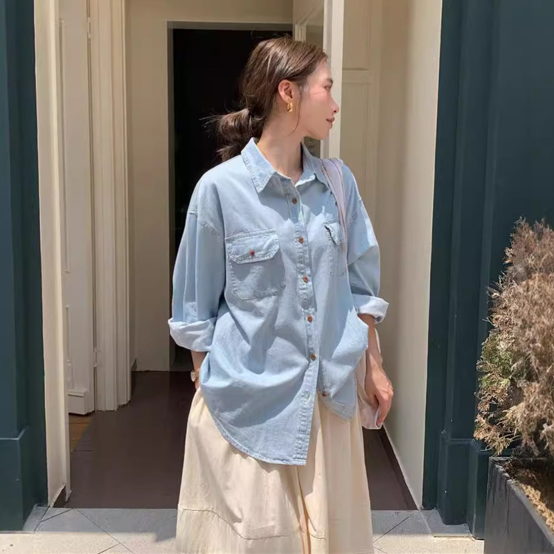 Real shot 2024 autumn new Korean version of retro Ming line washing water Denim double pocket loose long sleeve shirt 2 colors