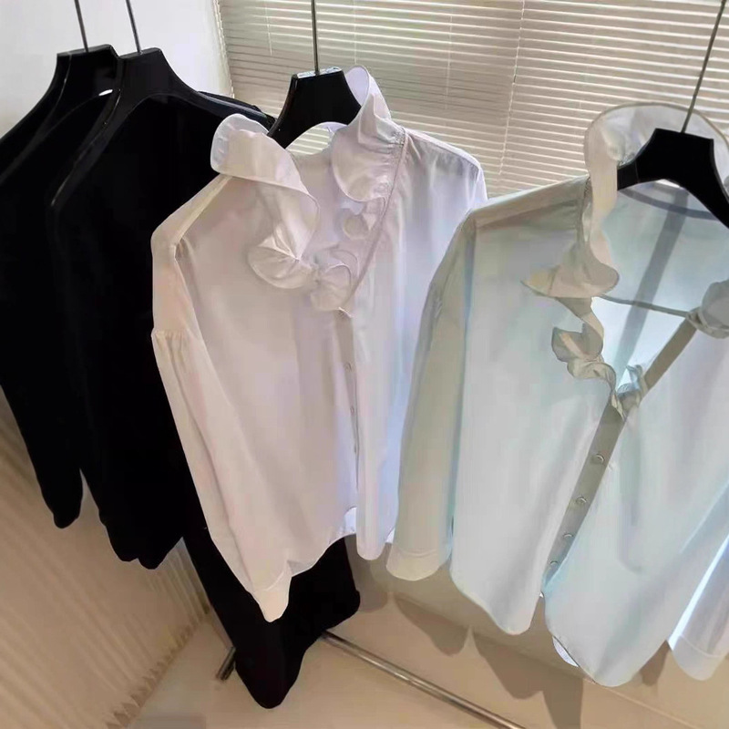 Nanyou Original Classy Women's French Stand-Up Collar Ruffled White Loose Long-Sleeved Shirt Women's Fashionable Versatile Top
