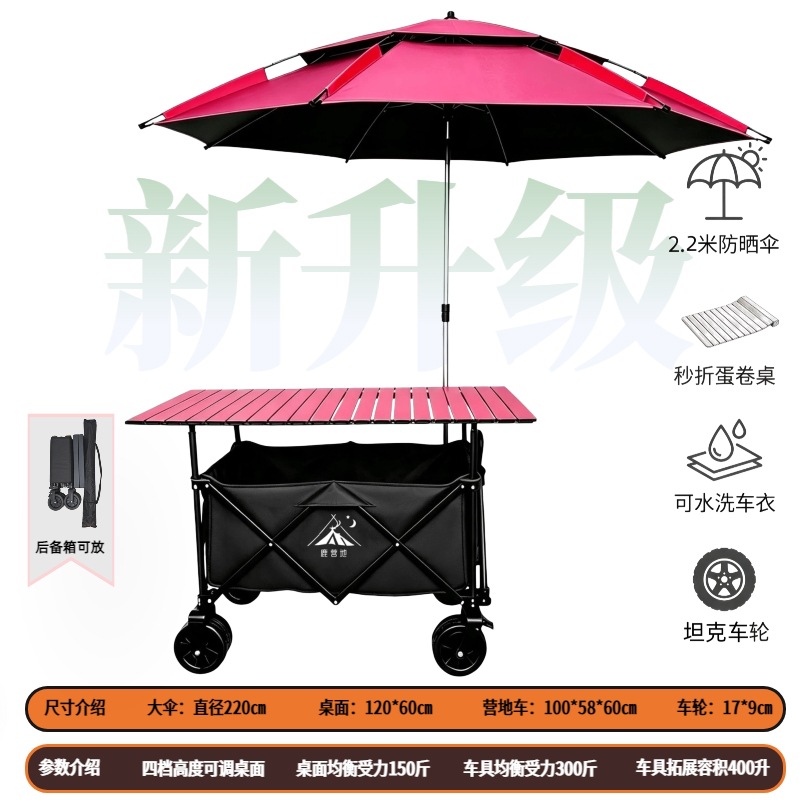 Carro Plegable de Campamento y Puesto de Metal con Mango Telescópico para Picnic al Aire Libre