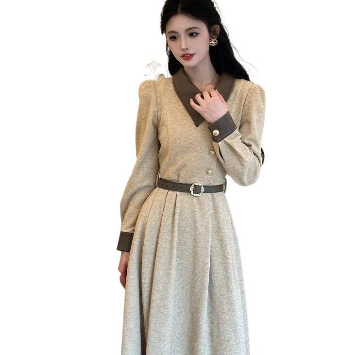 金缕檀心 法式气质纽扣拼接燕麦色长袖连衣裙女2025秋季新款长裙|undefined