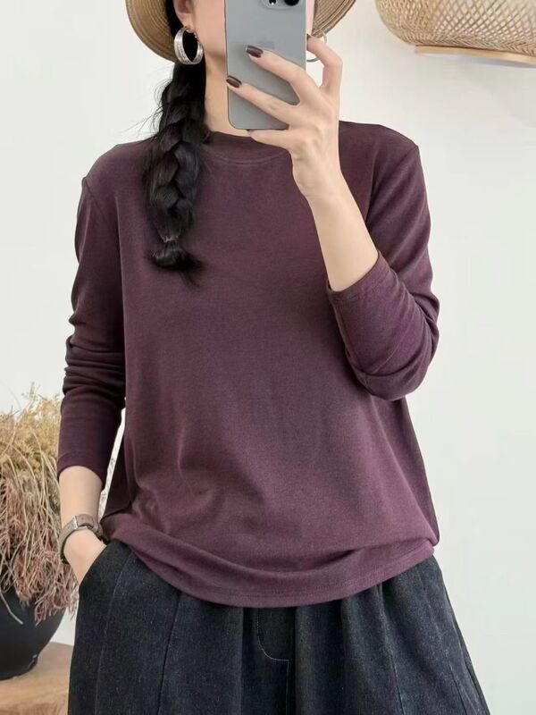 新品韩版显瘦百搭圆领宽松内搭 纯色打底衫长袖T恤女|undefined