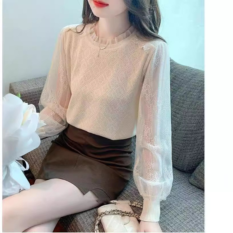 French-Style Ruffled Round-Neck Lace Patchwork Knit Sweater for Women, Spring and Autumn Hollow-Out Diamond Pattern Lantern Sleeves, Gentle Base Layer Top French-Style Ruffled Round-Neck Lace Patchwork Knit Sweater for Women, Spring and Autumn Hollow-Out Diamond Pattern Lantern Sleeves, Gentle Base Layer Top