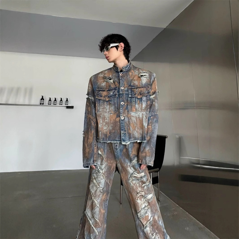 Niche waste earth style retro hole Denim suit heavy distressed jacket micro flared jeans 2024 autumn and winter tide