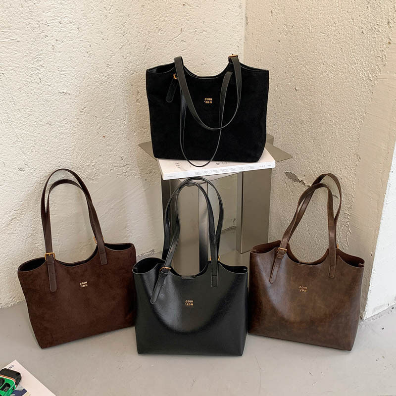 Túi tote nữ cỡ lớn phong cách retro, đựng nhiều đồ, có quai đeo vai và kẹp nách — Màu cà phê PU, PU đen, màu cà phê, đen chi tiết 1