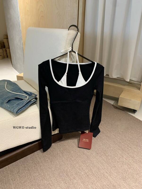 WGWE 6974广州十三行女装2025秋装新款假两件挂脖长袖T恤显瘦上衣|undefined