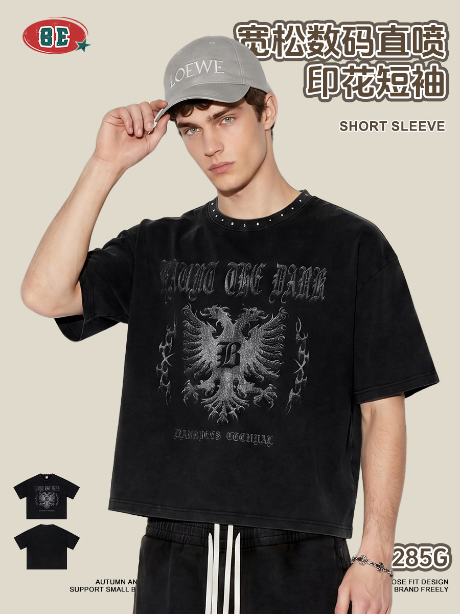 Be Hombres| Retro americano de alta calle marca de tendencia clavos de impresión de viento oscuro camiseta suelta hacer vieja Boxy hombre de manga corta