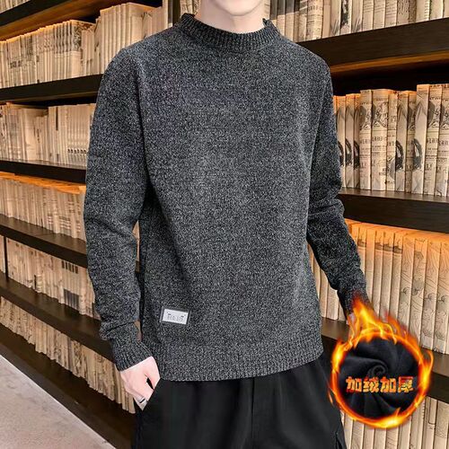 Winter Men's Fleece Knit Sweater for Middle-Aged Men, Thick Dad Knitted Woolen Coat, Sherpa Fleece Warm Sweatshirt Top for Men