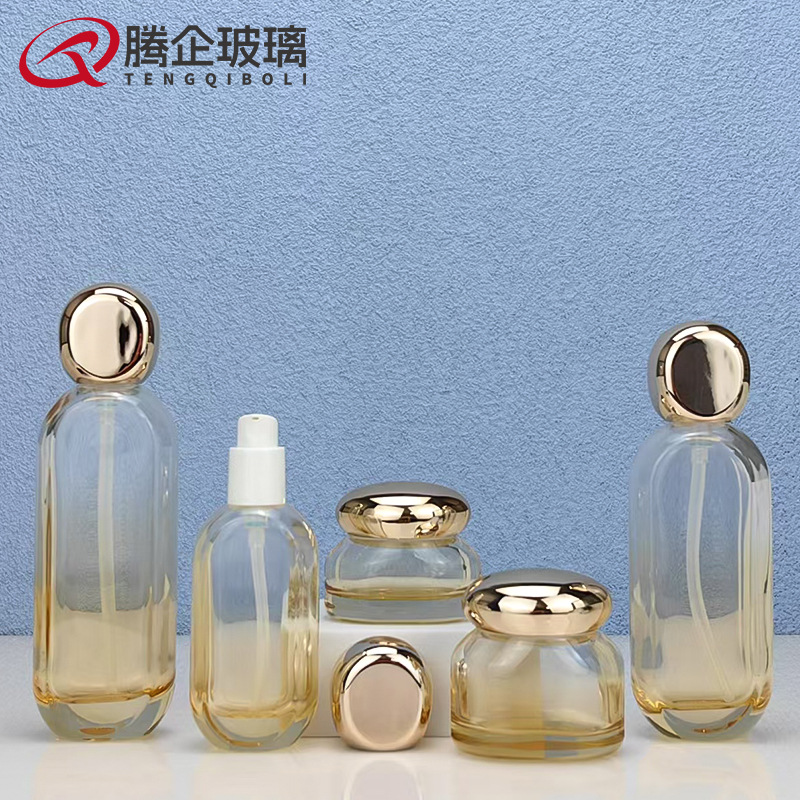 厂家直销圆饼肩化妆品瓶按压水乳精华套装玻璃瓶50g膏霜瓶分装瓶