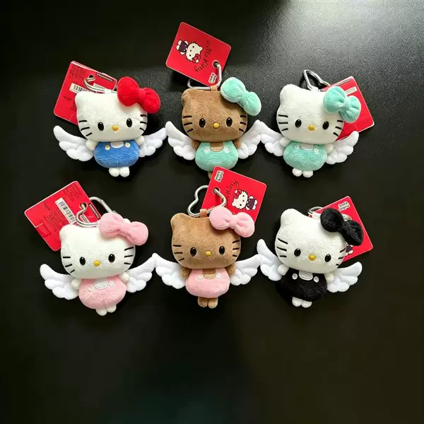 Little Angel Hello Kitty Plush Pendant KT Cat Doll Colorful Bow Keychain Backpack Pendant Gift