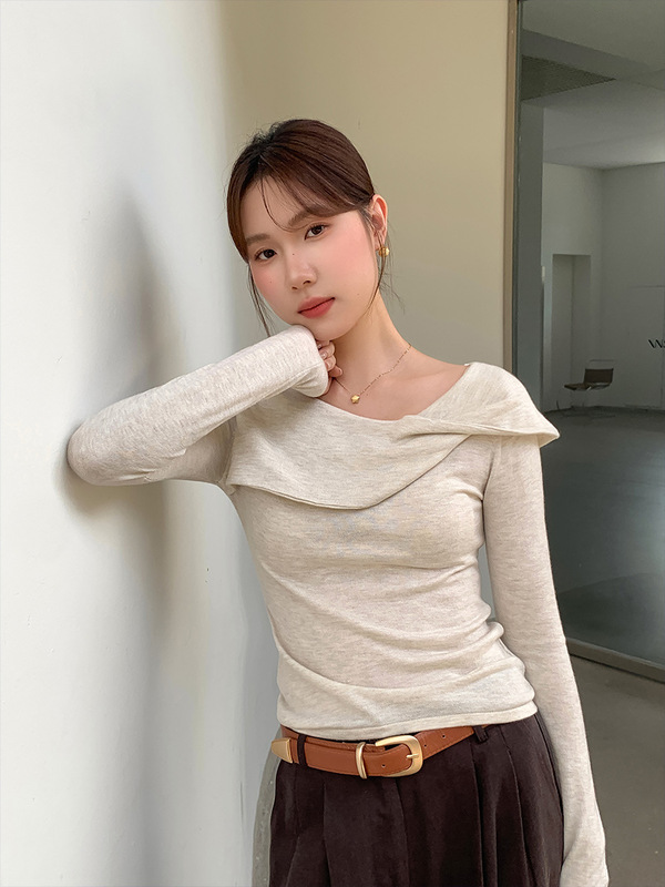 衣尔衫 秋韵 羊毛设计感荡领针织衫女修身超长袖韩系显瘦上衣0601|undefined