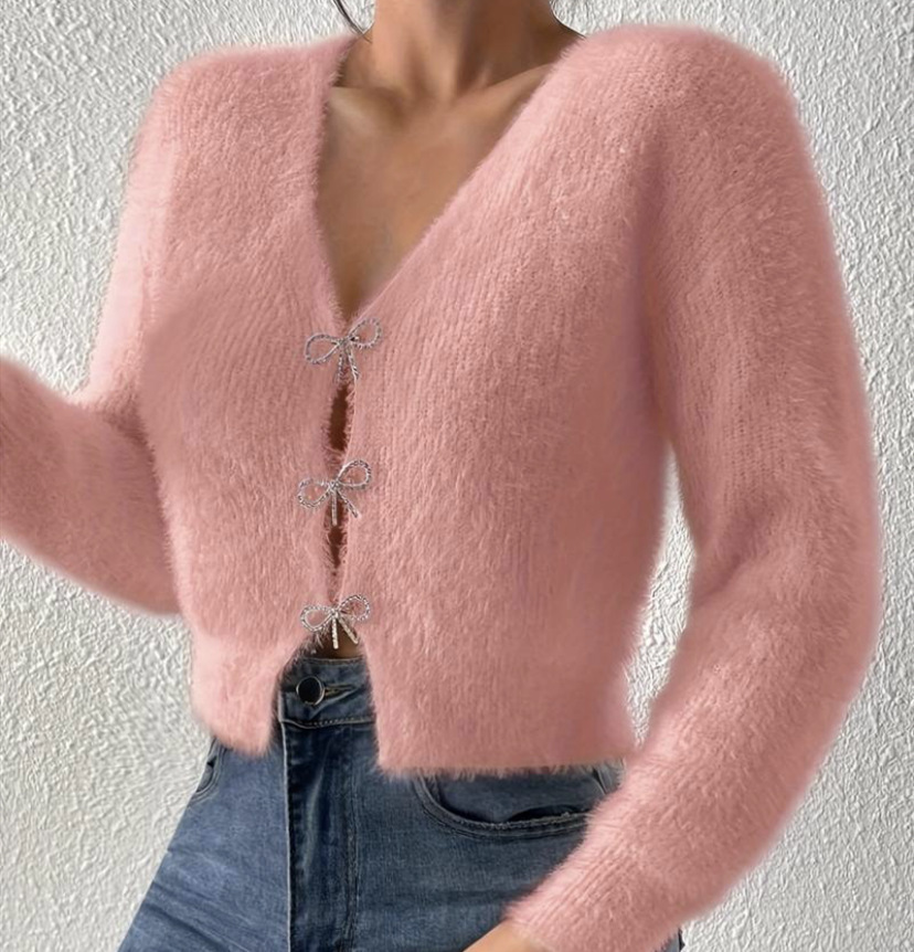 Cardigan grande de vison sintético com decote em V – mistura de acrílico felpudo com punhos canelados (P-GG, rosa/vermelho de inverno, essencial para o estilo boho streetwear)_voghion.com