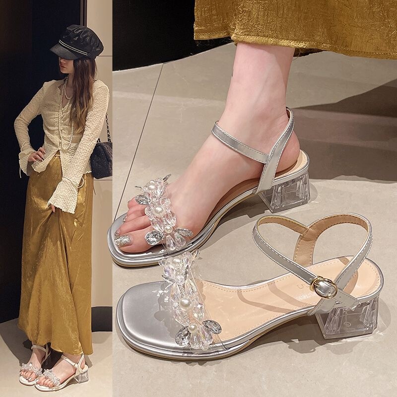 Chunky Heel Transparent Crystal Heel Sandals for Women, Popular Square Heel One-Strap High Heels to Match with Dresses, Rhinestone Shoes