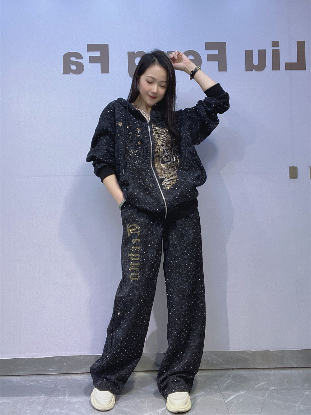 タイダイジッパーカーディガン大きいサイズスウェットシャツスーツ女性の秋ホットダイヤモンドカジュアルストレートパンツアウトドアスポーツウェア 2 点セット