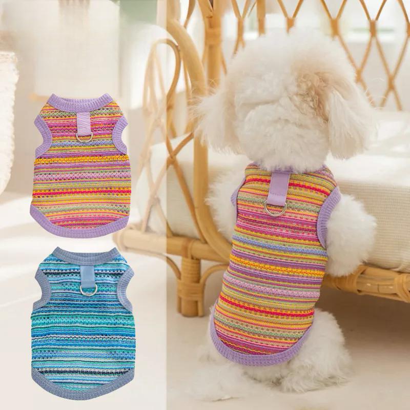 Primavera y verano ropa de mascotas delgada ventilada rayas huecadas tracción chaleco trenzado ropa de dos patas gato perro ropa de perro
