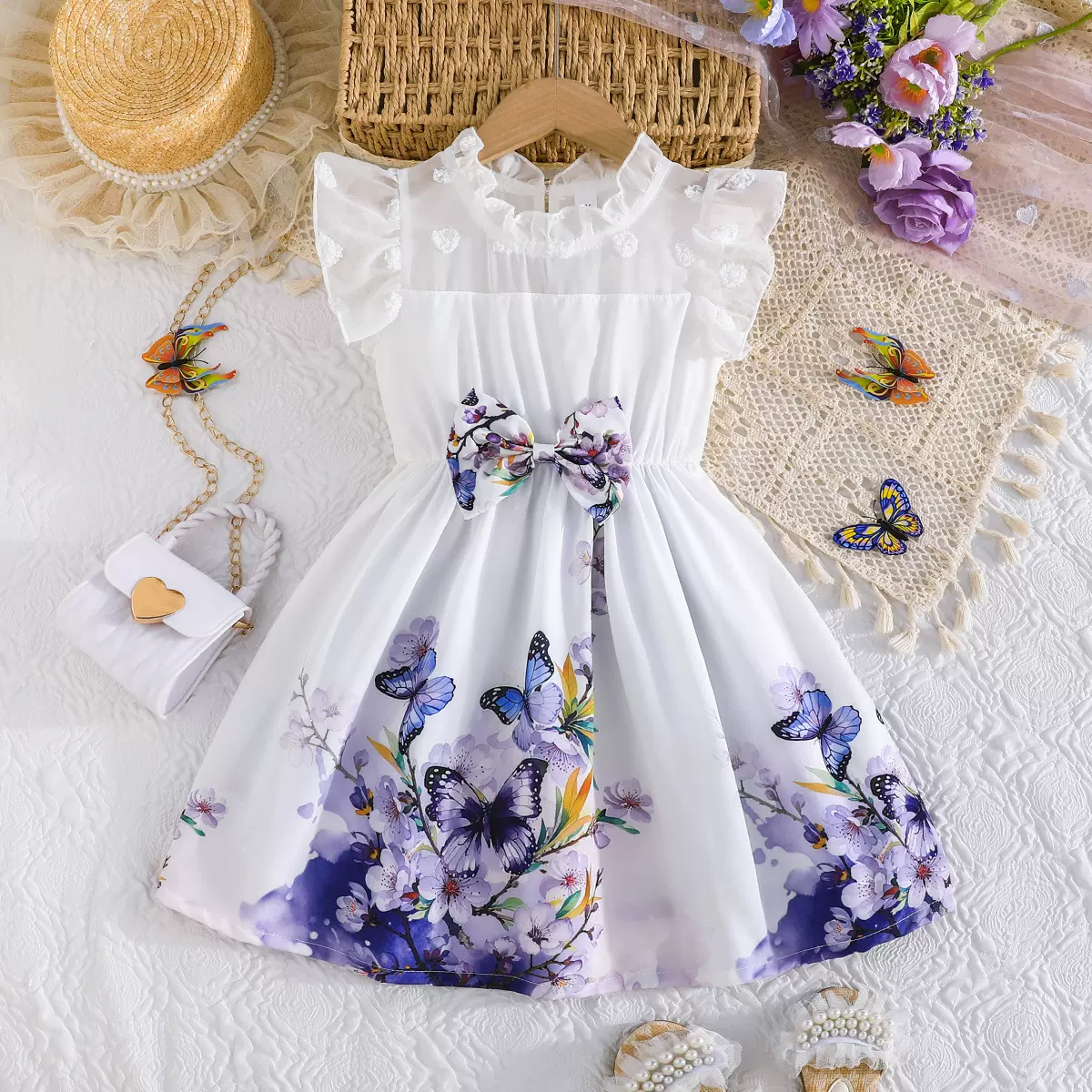 跨境专供—女童夏季公主风 梦幻花卉蝴蝶印花连衣裙 甜美可爱款