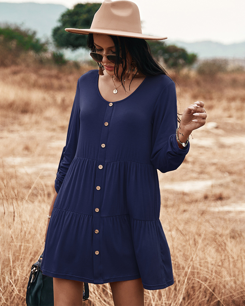 spring and summer round neck long sleeve casual dress NSDY36597