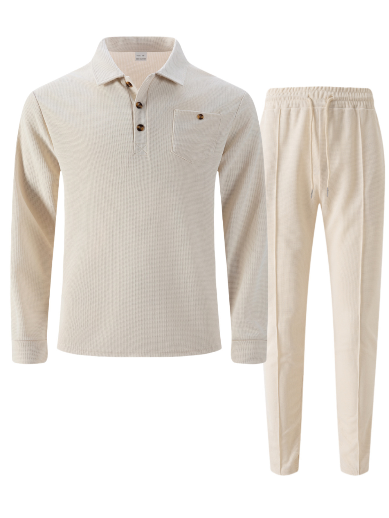 Men's Waffle Knit Shirt And Trousers Suit Casual Long Sleeve Set_voghion.com