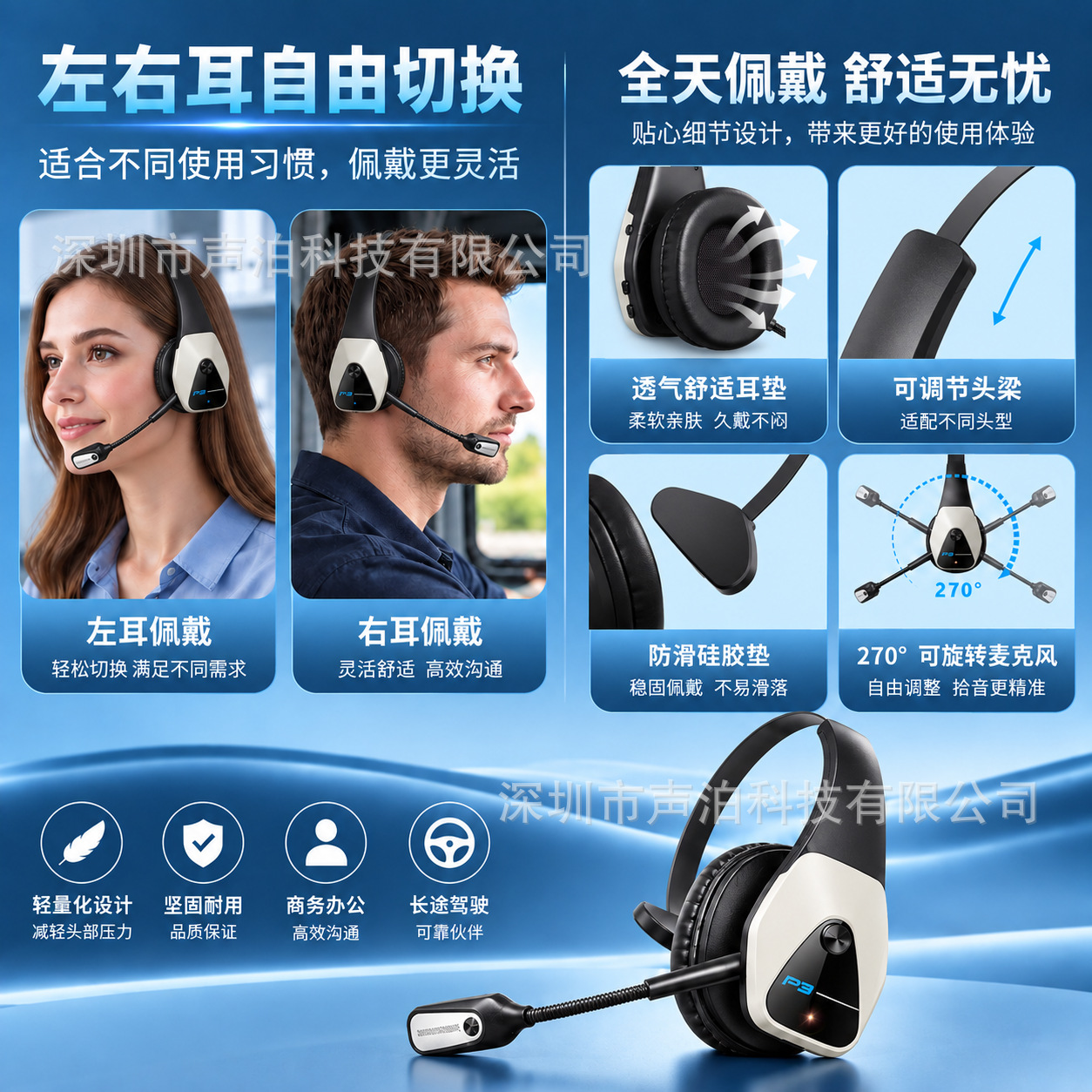 Cross-border Hot-selling Bluetooth Headset Noise-cancelling Wireless Headphones for Truck Drivers Calls Mono Headband Bluetooth 6.0