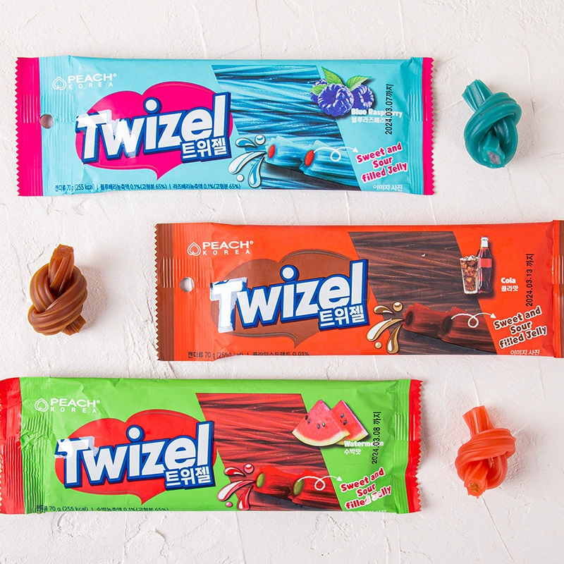 Twizel Candy (PEACH Korea) Spiral Jelly Snack, Cola & Fruit Flavors, 70 g Pack