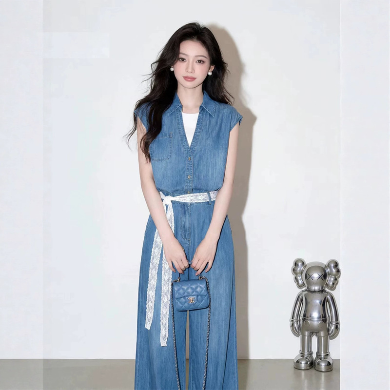 Daily Commute Outfit, Very Stylish and Beautiful, Salt-Style Mature Retro Denim Top and Wide-Leg Pants Two-Piece Set for Women, New Summer Model Daily Commute Outfit, Very Stylish and Beautiful, Salt-Style Mature Retro Denim Top and Wide-Leg Pants Two-Piece Set for Women, New Summer Model