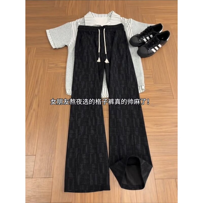 American Retro Style Ice Silk Plaid Pants for Men, Summer Thin Breathable Cool Tie-Dye Pants with Drape Effect, Straight Casual Pants