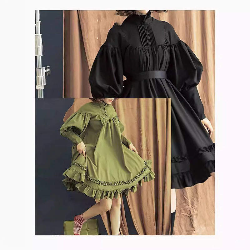 日系メイドCOS服現物モデル長袖ゆるいボタン立襟レース灯籠袖装飾純色ワンピース|undefined