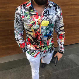 2021欧美秋季新款跨境爆款印花男装开衫上衣修身男士休闲长袖衬衫