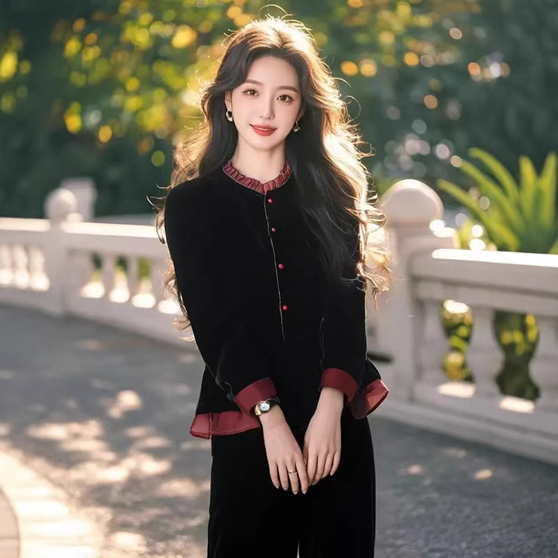 Spring 2026 Black Velvet Shirt with Contrasting Lace, Elegant and Stylish, Unique and Stunning French-Style Blouse for Women