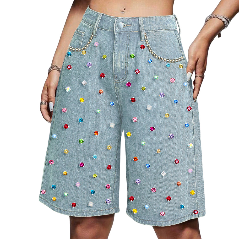 欧美跨境独立站亚马逊TEMU高腰宽松5分弹力钻石女装女式牛仔裤女