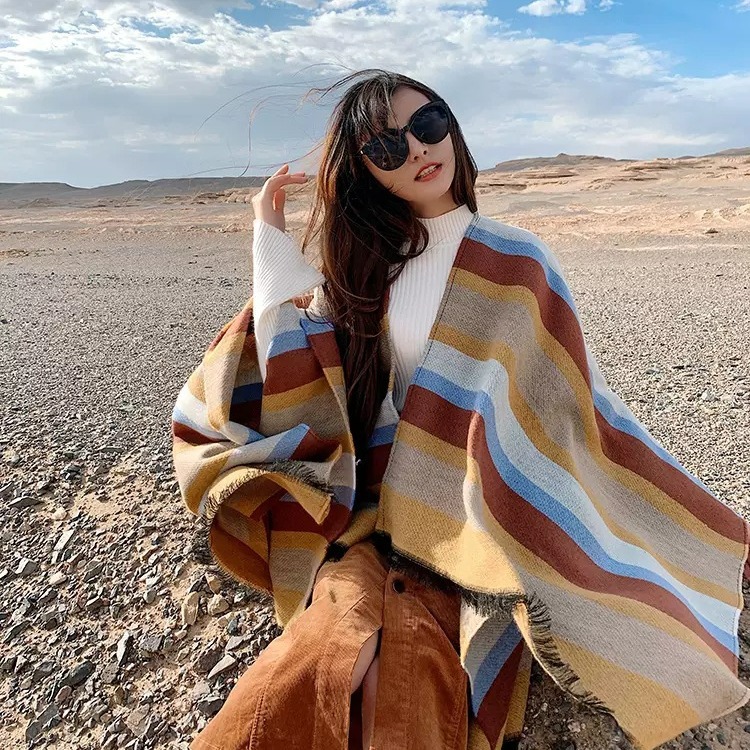 Cachecol às riscas para mulher estilo coreano xale e capa versátil_voghion.com